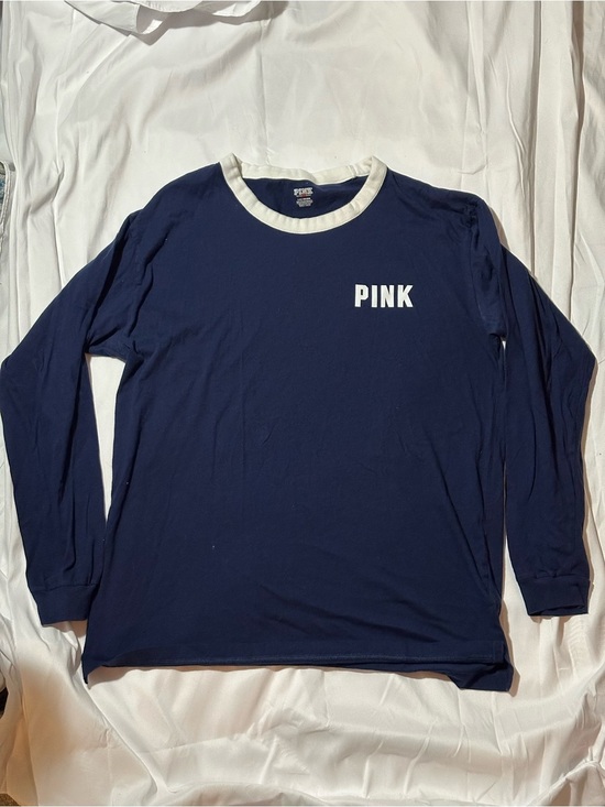 PINK Victoria's Secret Tops - PINK Victoria's Secret Navy Long-Sleeve Ringer Tee with White Neck